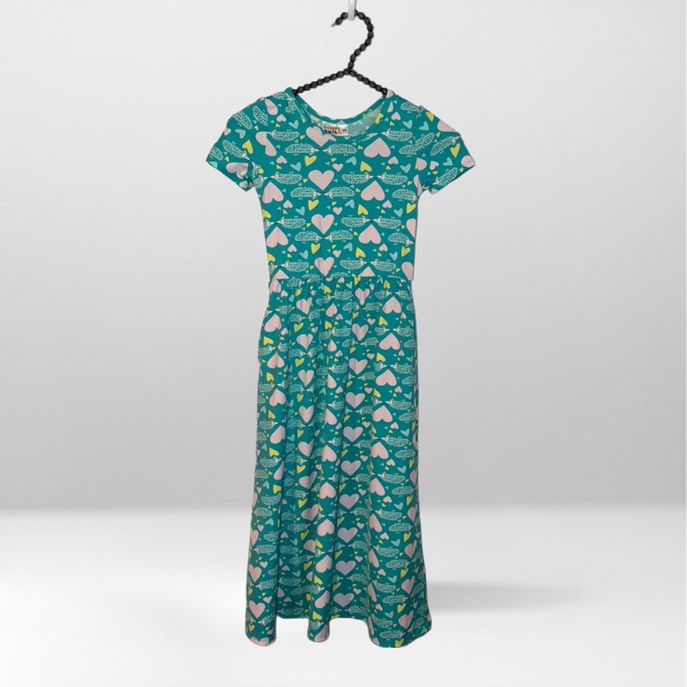 Dot Dot Smile Teal Green Hedgehog Hearts Maxi Dress Size 5/6